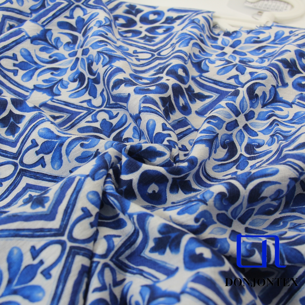 Blue Color Nylon Rayon Linen Fabric Big Flower Bamboo Joint Fabric for Beachwear and Women Dress